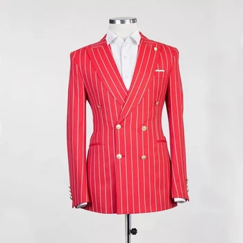 Красный двубортный блейзер Брюки Мужской костюм в полоску Пальто 2 предмета Мужская Свадебная одежда Одежда для званого ужина 2 предмета Куртка Брюки