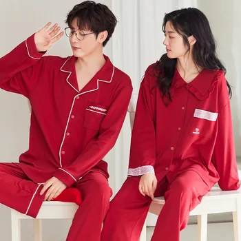 Красный Пижамный Комплект Хлопчатобумажные Пары Домашняя Одежда Осень Женская Пижама Кардиган Корейская Мужская Пижама pijamas para parejas Lover Pjs