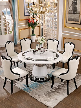 Круглый обеденный стол и стул из европейского мрамора, сочетание черного и белого, простой, современный, светлый, роскошный, с поворотным столом