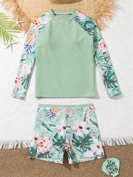 Купальник для девочек 2023, Новый Детский купальник с длинным рукавом и зеленым принтом, Летняя Детская пляжная одежда из двух частей, купальный костюм для девочек