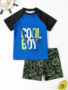 Купальник для мальчиков 2023, Новые детские купальники с граффити и короткими рукавами, Летняя детская пляжная одежда из двух частей, купальный костюм для плавания для мужчин и мальчиков