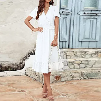 Летнее белое платье для женщины 2023, женское модное платье с коротким рукавом, сексуальное платье с V-образным вырезом длиной до икр, Летний деловой наряд