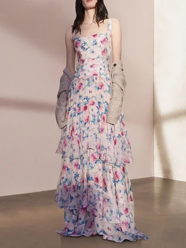 Летнее платье-слинг 2023, Новая мода, длина по щиколотку, без спинки, цветочный принт, платье для торта, Бесплатная Доставка