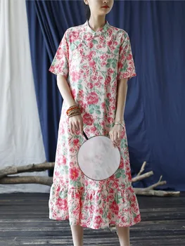 Летнее Свободное платье в стиле ретро с принтом 2023, женское повседневное винтажное платье с коротким рукавом и пуговицами-стойкой