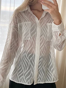 Летние белые женские рубашки с тонким отворотом, элегантные блузки с длинным рукавом, женские туники с карманами, прозрачные женские топы Camisa Feminina