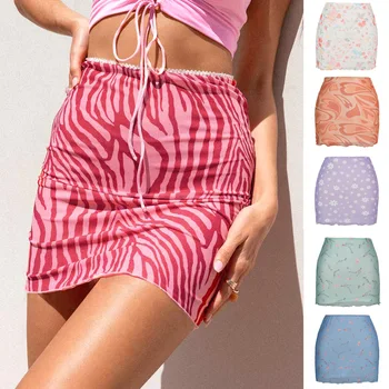 Летние женские повседневные Пляжные сетчатые юбки с цветочным / леопардовым принтом, с сетчатой отделкой, мини-юбка с высокой талией, тонкие брюки-карандаш для девушек