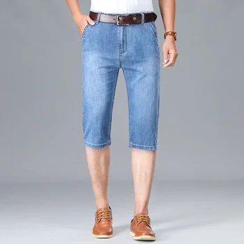 Летние мужские тонкие стрейчевые короткие джинсы, деловые повседневные синие прямые хлопковые джинсовые брюки длиной до икр, мужская брендовая одежда