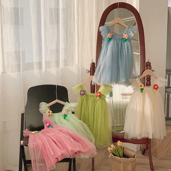 Летние платья с летящими рукавами в цветочек 2023, Новый дизайн юбки-пузыря для маленьких девочек, детская модная Свободная юбка в стиле принцессы