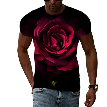Летние футболки унисекс с цветочным рисунком, мужская мода, повседневная индивидуальность, футболка с принтом розы, футболка с коротким рукавом в уличном стиле