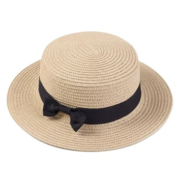 Летние шляпы для женщин, Пляжная женская мода, плоская верхняя часть, панама с бантом, женские элегантные повседневные шляпы от солнца, соломенная шляпа