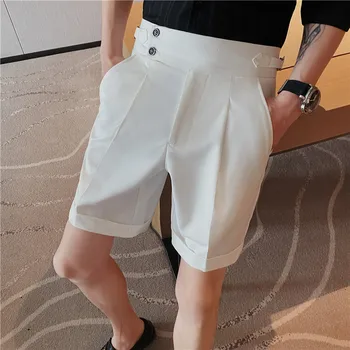 Летние шорты в британском стиле Неаполь с высокой талией для мужчин 2023, модный дизайн ремня, приталенные Светские свадебные Короткие брюки длиной до колен