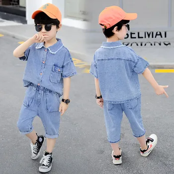 Летний комплект одежды для мальчиков, джинсовый детский спортивный костюм, рубашки с коротким рукавом + брюки, модная детская одежда на оранжевых пуговицах для мальчиков 6 8 12