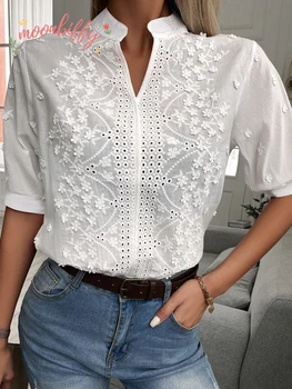 Летняя кружевная блузка с цветочной вышивкой, Женская повседневная рубашка с вырезом-стойкой и V-образным вырезом, Элегантные хлопчатобумажные топы с коротким рукавом 24350