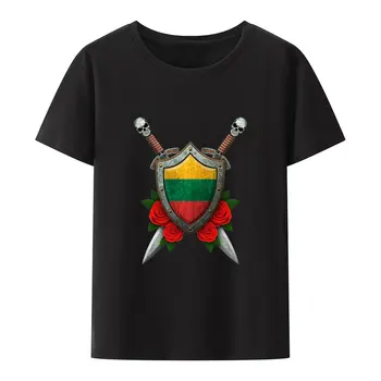 Литовский флаг на потертом щите и скрещенных Мечах Модальная футболка Мужская Женская Удобная Дышащая уличная мода Camisetas