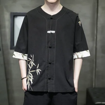 Льняная мужская рубашка в китайском стиле, модная вышивка из листьев бамбука, винтажная рубашка с дисковой пряжкой, мужская летняя рубашка