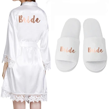 Матовый атласный кружевной халат с отделкой Халат невесты Свадебные халаты Кимоно подружки невесты Свадебные халаты