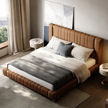Мебель для спальни итальянская легкая роскошная кожаная кровать модная простая вилла двуспальная свадебная кровать легкая роскошная кровать