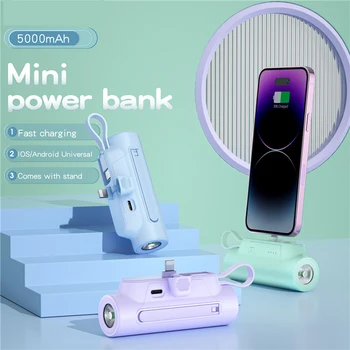 Мини-банк питания емкостью 5000 мАч с кабелем USB C для iPhone 14 13 pro Samsung Xiaomi Huawei Портативное внешнее зарядное устройство Powerbank