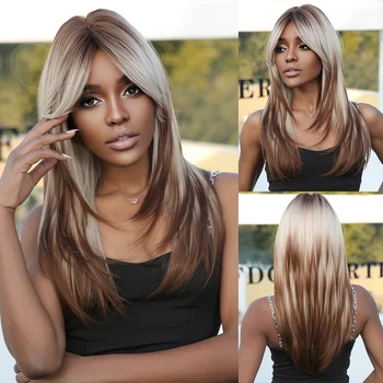 Многослойные синтетические парики цвета омбре Блондин коричневый, длинный прямой парик коричневого цвета с подсветкой для женщин, косплей, термостойкие волосы с челкой