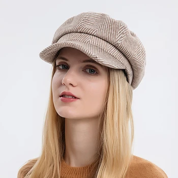 Модная восьмиугольная шляпа, женская зимняя кепка в полоску, британская французская ретро-мода, кепка газетчика, однотонный женский берет, кепка художника Gorras
