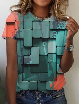 Модная женская футболка с многоцветным графическим 3D-принтом, летняя футболка с коротким рукавом, одежда из полиэфирного волокна большого размера