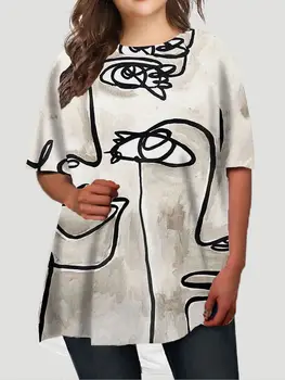 Модная женская футболка с художественным изображением лица, летняя футболка с 3D-принтом, короткий рукав, Одежда из полиэфирного волокна большого размера