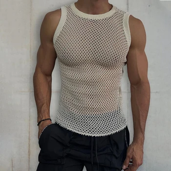 Модный вязаный жилет 2023, Летняя мужская футболка, однотонный повседневный пуловер с круглым вырезом, сексуальный мужской топ без рукавов 2yk в обтяжку, унисекс
