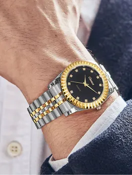 Модный деловой мужской номер Кварцевые часы с золотым стальным ремешком
