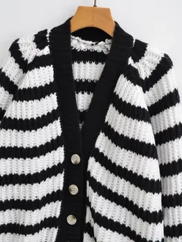 Модный полосатый однобортный кардиган для женщин 2023, зимний свитер с длинным рукавом, женский винтажный длинный кардиган оверсайз, свитер
