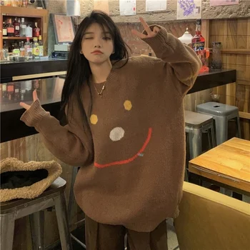 Модный Свободный толстый свитер с круглым вырезом и принтом в виде смайлика, женский свитер-пуловер в корейском стиле, Новинка зимы 2021 года.
