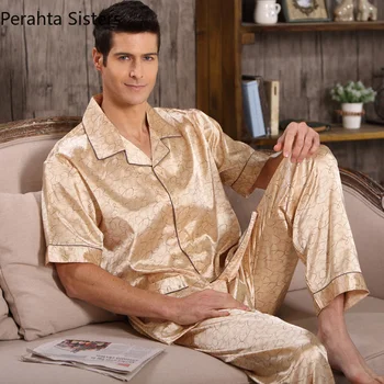Мужская атласная шелковая пижама среднего возраста, мужская летняя Повседневная пижама большого размера с коротким рукавом + длинные брюки, Пижама, мужской домашний костюм