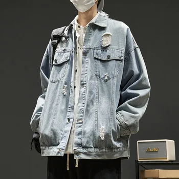 Мужская джинсовая куртка из рваной ткани на весну и осень, новая модная рабочая куртка в американском стиле для хай-стрит, мужская повседневная верхняя одежда