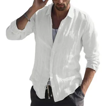 Мужская молодежная однотонная рубашка с длинными рукавами из чистого хлопка, повседневный кардиган, льняная рубашка для мужчин