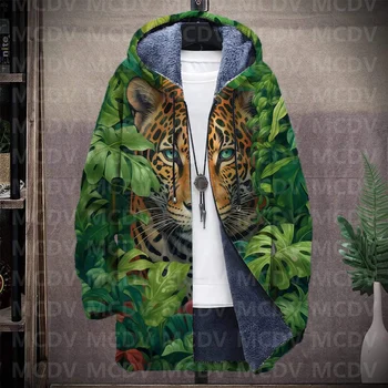 Мужское толстое плюшевое пальто с длинными рукавами и принтом в стиле ретро, кардиган, Леопардовое пальто с капюшоном из овечьей шерсти с 3D принтом, толстая теплая куртка Унисекс