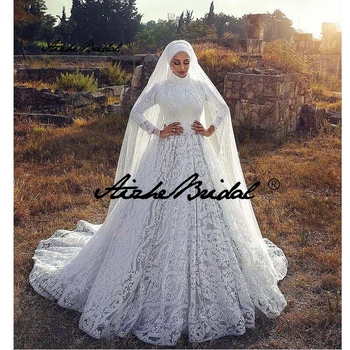 Мусульманское свадебное платье трапециевидной формы с цветочным кружевом, высокий воротник, длинный рукав, шлейф, арабские свадебные платья из Дубая