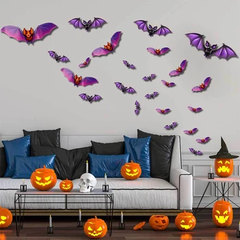 Наклейка на стену на Хэллоуин Летучая мышь 24ШТ 48ШТ Фиолетовое украшение для вечеринки с летающим домашним животным, Страшное окно с пастером, Наклейки для фестиваля многих друзей