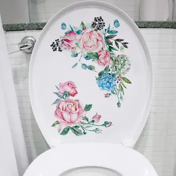 Наклейка на туалет с акварельным цветком, наклейка на туалет в цветочном стиле, наклейка на туалет с акварельным цветком, съемная настенная живопись для ванной комнаты из ПВХ