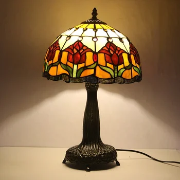 Настольная лампа LongHuiJing Tiffany с красным витражным абажуром в виде тюльпана, 12 дюймов, настольная лампа для чтения с металлическим основанием
