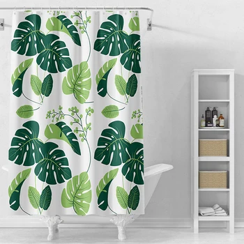 Новая водонепроницаемая подкладка для занавески для душа PEVA Mildew Green Leaves Занавески для ванной с крючками Аксессуары для декора ванной комнаты