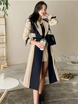 Новая демисезонная элегантная женская куртка, пальто, Ретро Формальный двубортный ремень, Длинная верхняя одежда, тренч, ветровка, уличная одежда