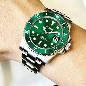 Новая мода Parnis 40 мм Зеленый Циферблат Автоматические Механические Мужские Часы Сапфировое Стекло Из Нержавеющей Стали Мужские Наручные Часы reloj hombre
