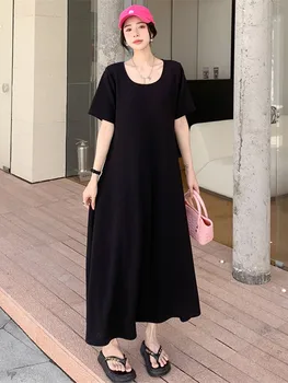 Новое летнее женское длинное платье 2023, простое и свободное, с U-образным вырезом, платье с трапециевидным подолом большого размера