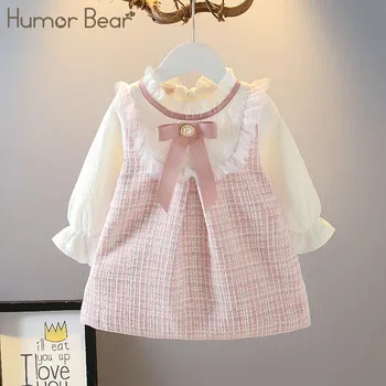 Новое платье Humor Bear Для девочек, Маленькое Ароматное Платье Принцессы С Бантом на Ветру, Детское Поддельное Платье-Двойка, Vestidos, Повседневная Одежда от 2 до 6 ЛЕТ