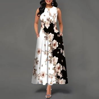 Новое повседневное длинное платье без рукавов с цветочным принтом, женское платье с V-образным вырезом и принтом, платья в богемном стиле в стиле ретро