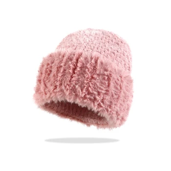 Новые вязаные шапки Зимние Теплые шапочки-бини для женщин Плюшевые сплайсированные шляпы Sweet Girl Small Face Outdoor Hats