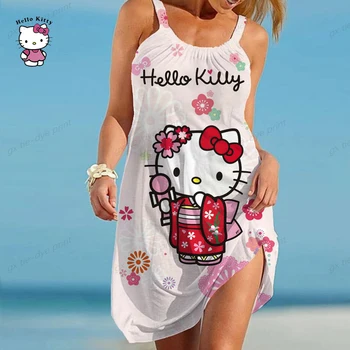 Новые женские платья на бретельках с принтом Hello Kitty, летнее короткое платье без рукавов с круглым вырезом и рюшами, винтажное женское пляжное платье