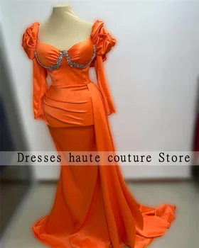 Новые Оранжевые Вечерние платья Русалки из Саудовской Аравии 2023, платье для выпускного вечера с длинным рукавом и шлейфом из бисера, вечерние платья для вечеринок