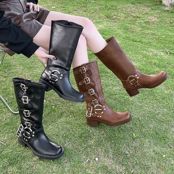 Новые французские рыцарские сапоги-бочонки, повседневная женская обувь с металлическим замком и острым носком в готическом стиле, ковбойские сапоги до колен