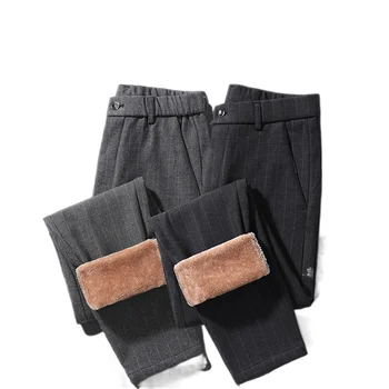 Новый бренд, Осенне-зимние Плотные Повседневные брюки, мужские Стрейчевые, Приталенные, с эластичной талией, классические Корейские брюки в деловом стиле, мужские Z160