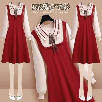 Новый красный свитер с длинными рукавами, Рождественское платье, Женское Элегантное Праздничное платье трапециевидной формы, Корейская одежда